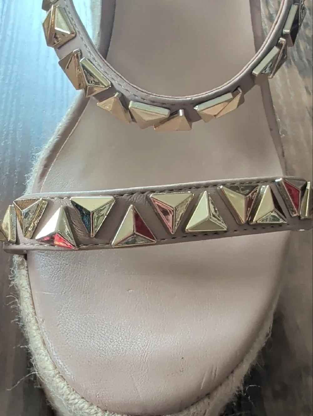 Steve Madden Beige Espadrille Wedge Sandals with Gold Studs